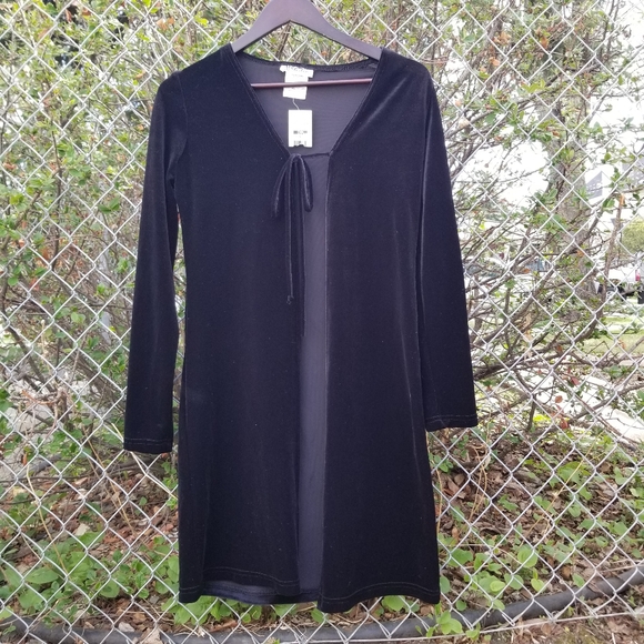 NWT M Studio vintage long black velvet front tie cardigan S - Picture 2 of 7